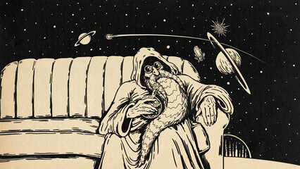 Elder Man Sitting On Sofa In Outer Space