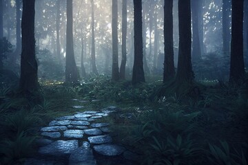Misty path through the forest