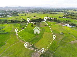 Land plot for building house aerial view, land field with pins, pin location for housing subdivision residential development owned sale rent buy or investment home or house expand the city suburb - 546726781