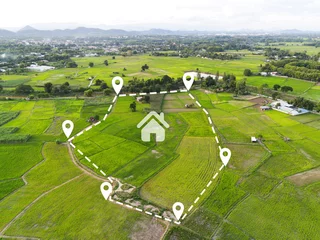 Fotobehang Land plot for building house aerial view, land field with pins, pin location for housing subdivision residential development owned sale rent buy or investment home or house expand the city suburb © Bigc Studio