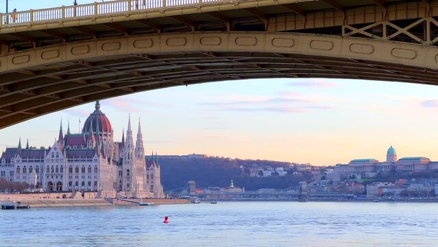 Parliament and Buda Castle behind Margaret Bridge, Budapest, Hungary