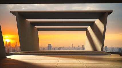 Obraz premium The deck space for products showcases on the deck with the sunset sky.