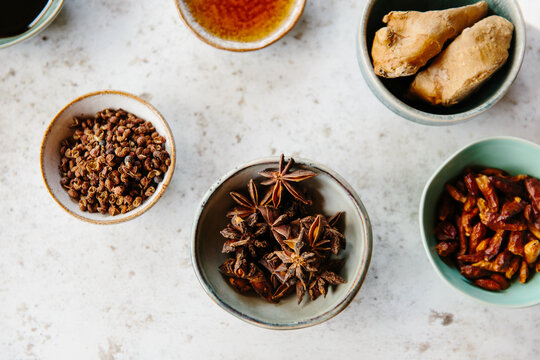 Star anise, Szechuan pepper, dried chillis and ginger. 