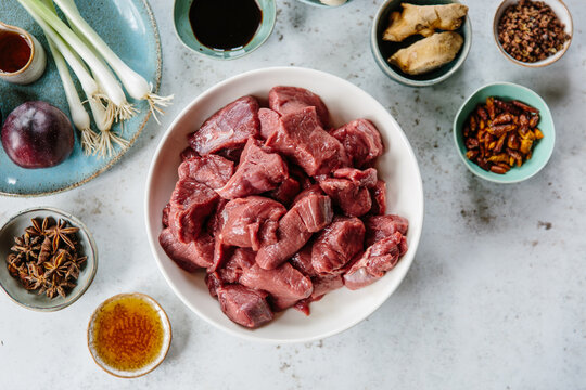 Ingredients for a spiced venison stew. 