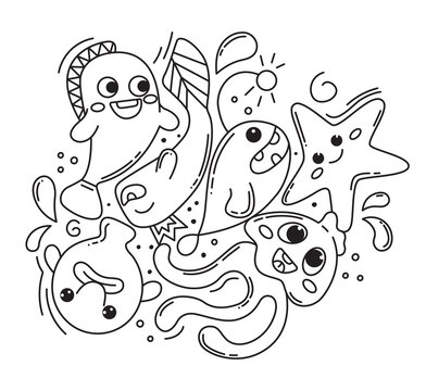 Hand-drawn fish doodle set. Hipster abstract doodles for printouts with funny creatures. Fish, jellyfish, starfish, blob fish. Kawaii black and white vector illustrations isolated on white background.