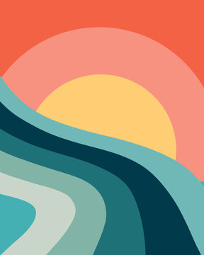 Bold Blue And Orange Abstract Illustration Of A Sun And Water