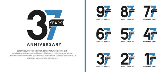 set of anniversary logo style black and blue color and ribbon for celebration