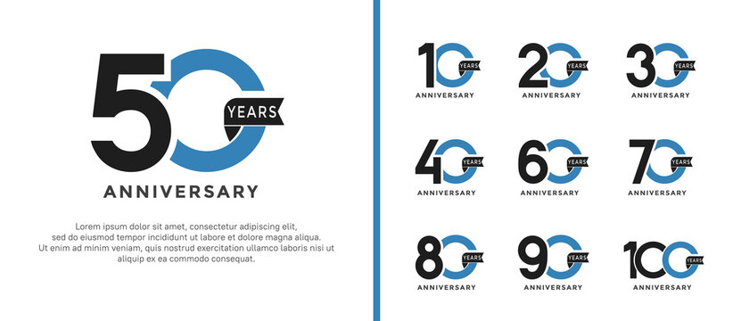 set of anniversary logo style black and blue color and ribbon for celebration
