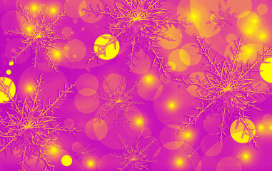 Christmas full frame with festive bright colorful background, snowflakes on neon purple orange blur background.  Magic atmospheric mood. Copy space.