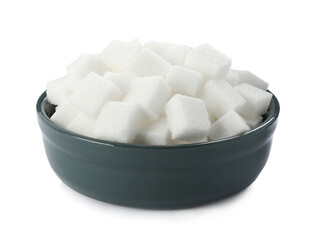 Bowl of sugar cubes isolated on white