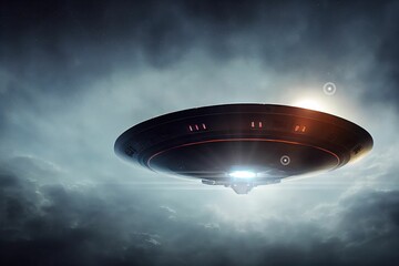 Fototapeta na wymiar UFO, an alien ship hovering motionless in the air. Unidentified flying object, alien invasion, extraterrestrial life, space travel, humanoid spaceship