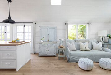 Open living room and kitchen in farmhouse cottage