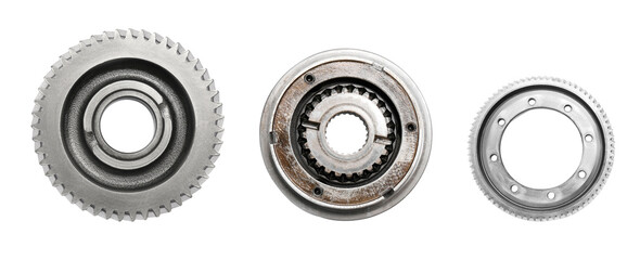Set with different stainless steel gears on white background, top view. Banner design