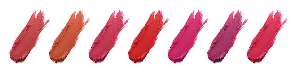 Smears of different beautiful lipsticks on white background, top view. Banner design - obrazy, fototapety, plakaty