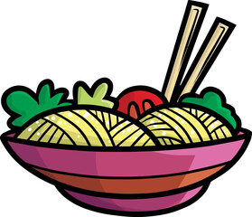 Yummy double portion noodle in a wide plate cartoon vector