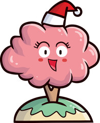 Cute pink tree wearing santa's hat for christmas