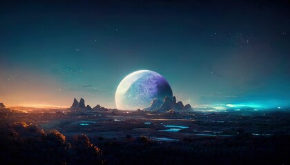 Alien planet with frozen ice rocks under the night sky with glowing and shining moon sphere