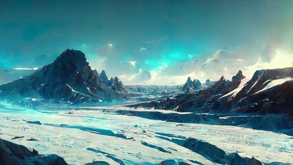Alien planet with frozen ice rocks under the night sky