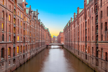 Speicherstadt at night in Hamburg