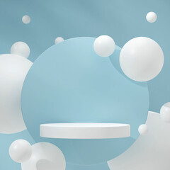 Square layout of floating sphere and sky blue 3D rendering scene mockup white cylinder podium