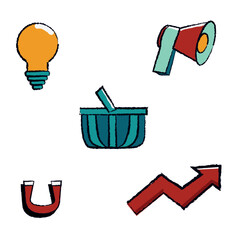 Doodles of assorted objects. Megaphone. Lamp. Basket. Magnet. Arrow