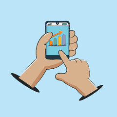 Hands moving the cell phone that has a graph going up. hand drawn