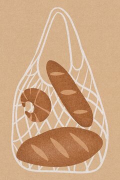 Bread and croissants in a string bag illustration