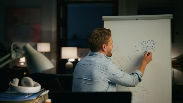 Smiling teacher videocalling remotely at night room closeup. Man online lesson