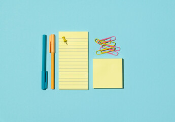 Post it notes. Office supplies - pens, pins and clips.