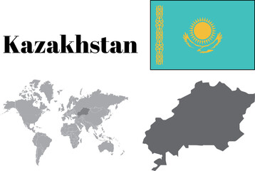 カザフスタン　国旗/地図/領土 - obrazy, fototapety, plakaty