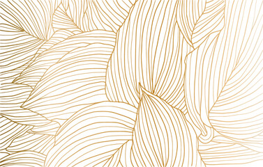 Luxury gold line art and Variegated Plants nature drawing background vector. Leaves and Floral pattern vector illustration.
