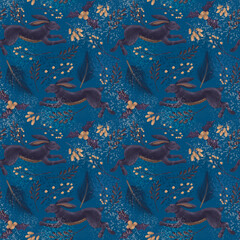 Fototapeta na wymiar Ethnical ornament hare Christmas floral Seamless pattern with hand painted rabbit, leaves, berries on blue background. Can be used for fabric, wallpaper, packaging, wrapping paper, scrapbook paper 
