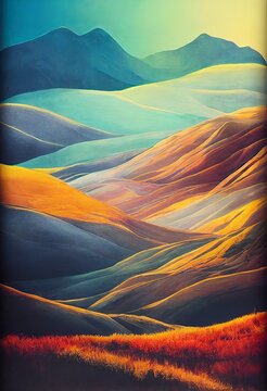 Hand drawn colorful watercolor mountains pattern. Collage contemporary print with watercolor nature pattern, landscape drawing, abstraction texture. Artistic vertical template for design.