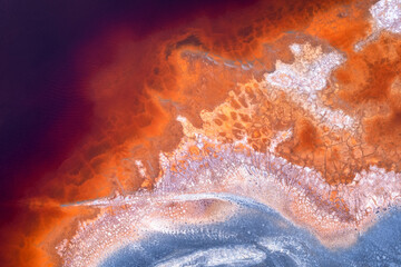 Top view of abstract rivers with vibrant orange and blue colors 