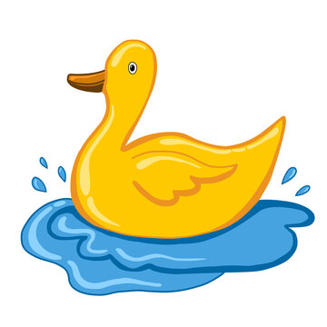 a cute yellow duck is bathing in a blue puddle