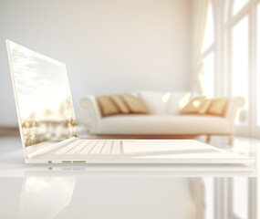 Modern empty white space with laptop, light interior design with reflection, optical illusion. Business concept, Lifestyle concept, background for presentation. 3d render	