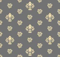 Seamless vector pattern. Modern geometric gray and godlen ornament with royal lilies. Classic background