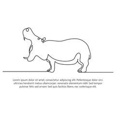 Hippo line design. Simple animal silhouette decorative elements drawn with one continuous line. Vector illustration of minimalist style on white background.