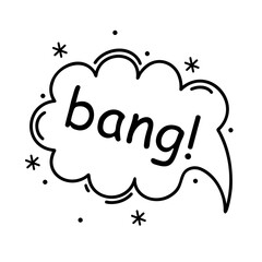 Bang vector icon. Cartoon speech bubble isolated on white. Comic sign of explosion, blow. Cloud of smoke with text. Simple doodle, black outline. Clipart for posters, prints, web