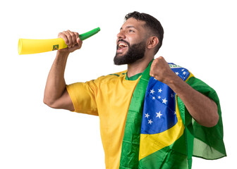 torcedor de futebol brasileiro feliz com corneta e bandeira do brasil