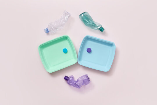 Various plastic waste, bottles, lids and plates.