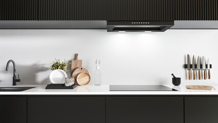 Kitchen interior, countertop with cooking tools and kitchen utensils