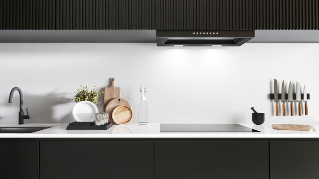 Kitchen interior, countertop with cooking tools and kitchen utensils