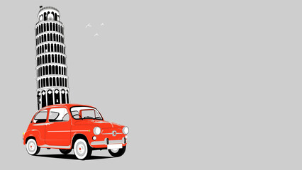 postcard of the tower of pisa with a red classic car. vintage classic red fiat car next to the tower of pisa vector illustration. - obrazy, fototapety, plakaty