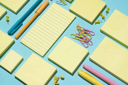  Post it notes. Office supplies - pens, pins and clips.