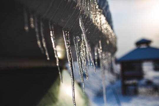 Old caravan and icicles.
Piece of ice formed by frost.