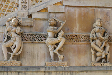 Images of goddesses on the wall of a Hindu temple in Haridwar, Uttarakhand, India.