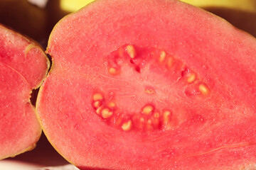 close up of red guava slices