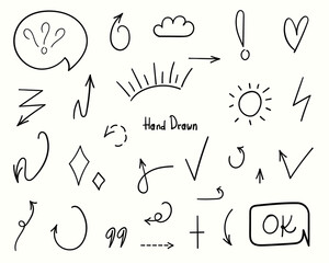 Hand drawn doodle set. Vector template illustration of arrows, speech bubbles, hearts, clouds, sun, question mark. Black design elements on a white background.