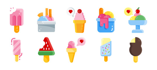 ice cream icon set, such as parfait, frozen yogurt, ice cream sundae, vanilla, chocolate. vector illustration with a different style. flat style icon